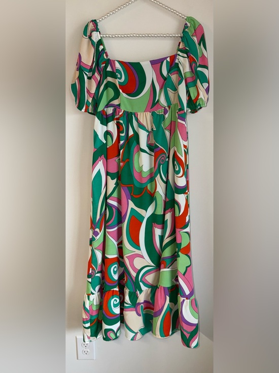 TCEC Dresses & Skirts - TCEC Retro Groovy Swirl Print Maxi Dress Size M Puff Sleeve Smocked Back
